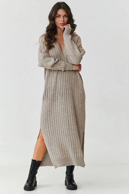 beige ribbed long sleeve day dress front view