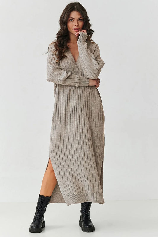 beige ribbed long sleeve day dress front view