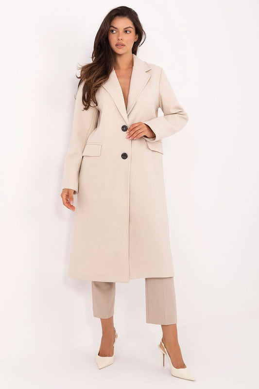 beige mini coat front view