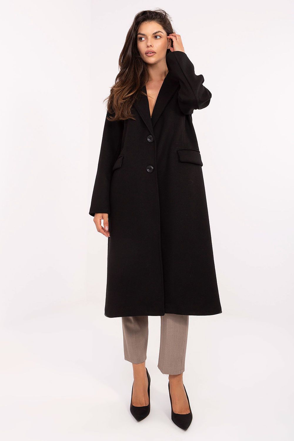 beige mini coat back view