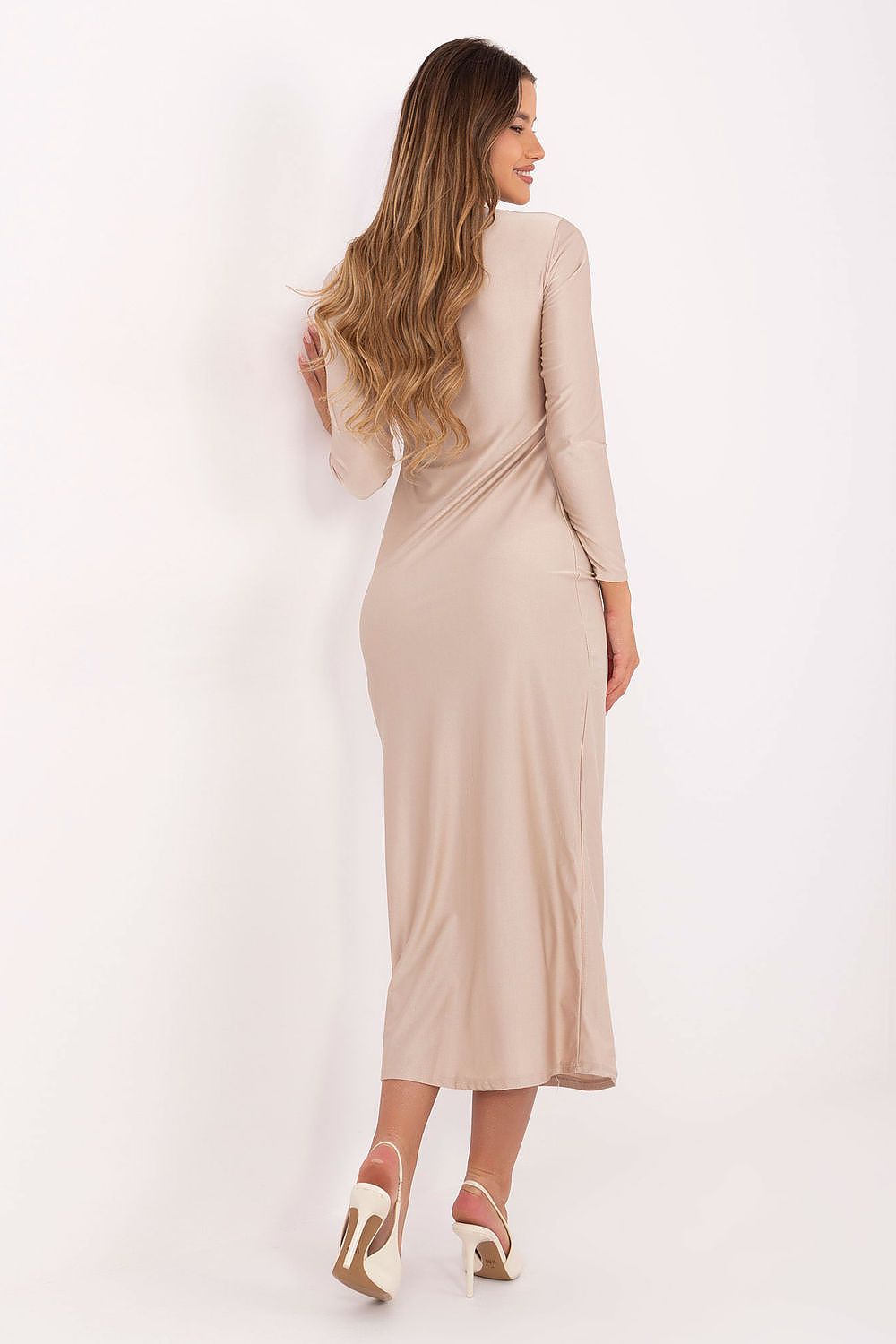 beige pencil midi evening dress detail view