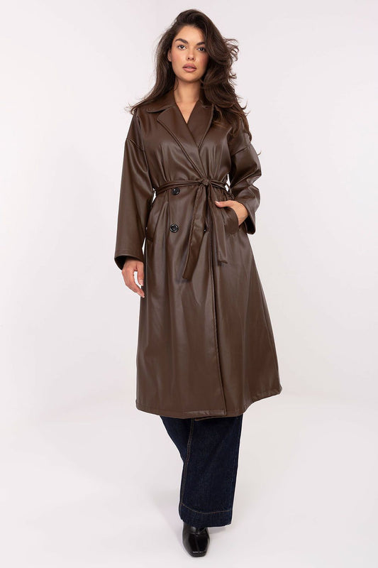 brown belted long sleeve coat front view