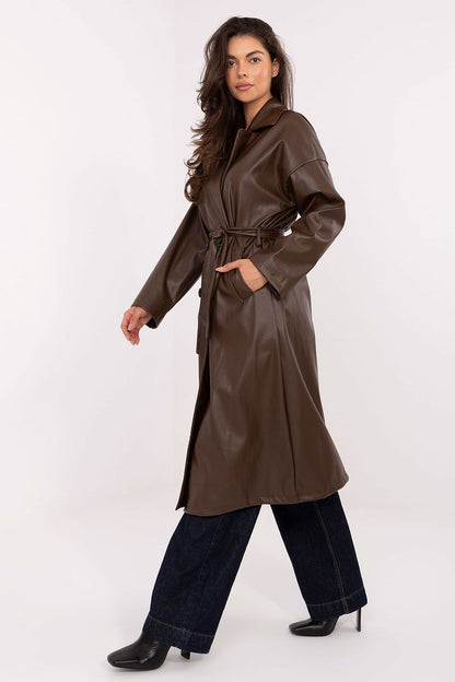 brown belted long sleeve coat alternate angle