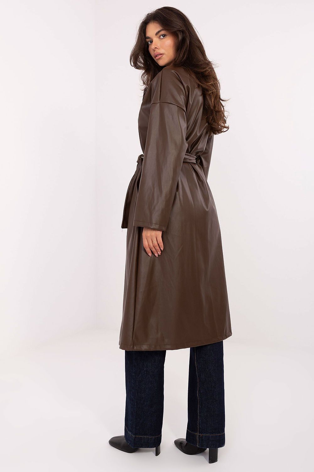 brown belted long sleeve coat detail view