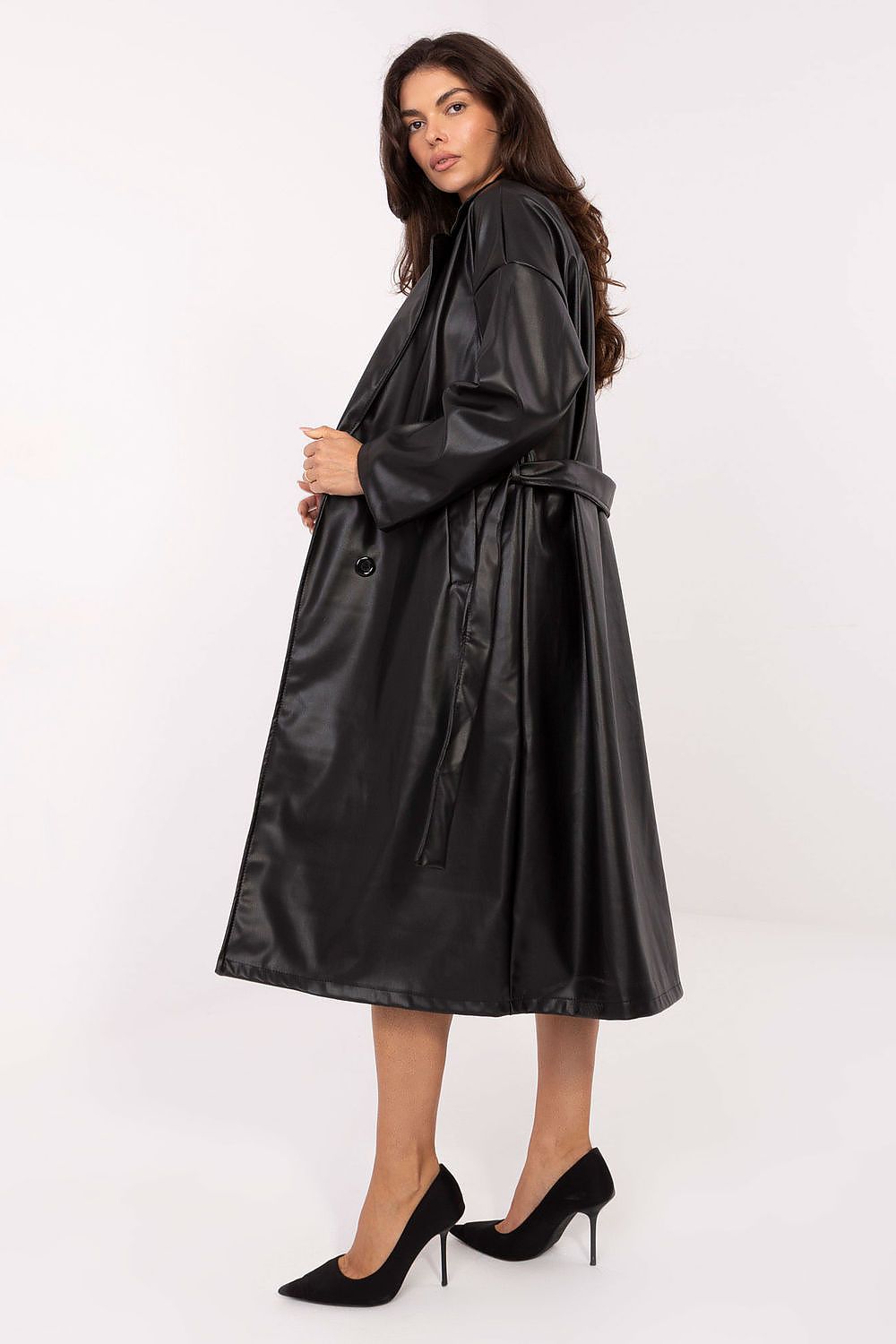 brown belted long sleeve coat side view