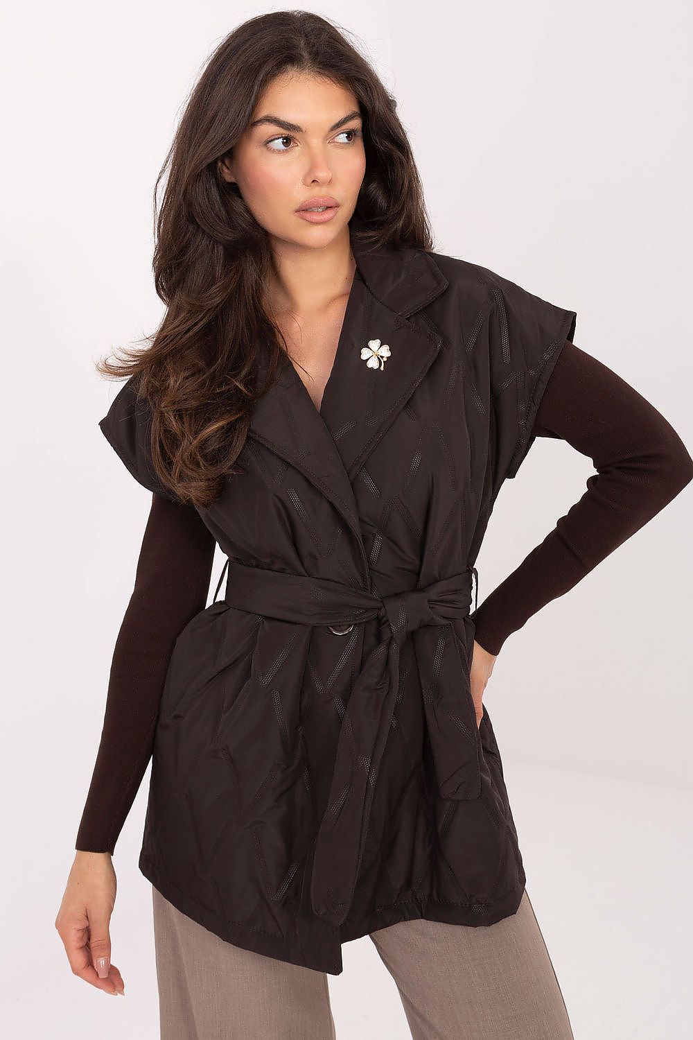 brown belted mini gilet front view