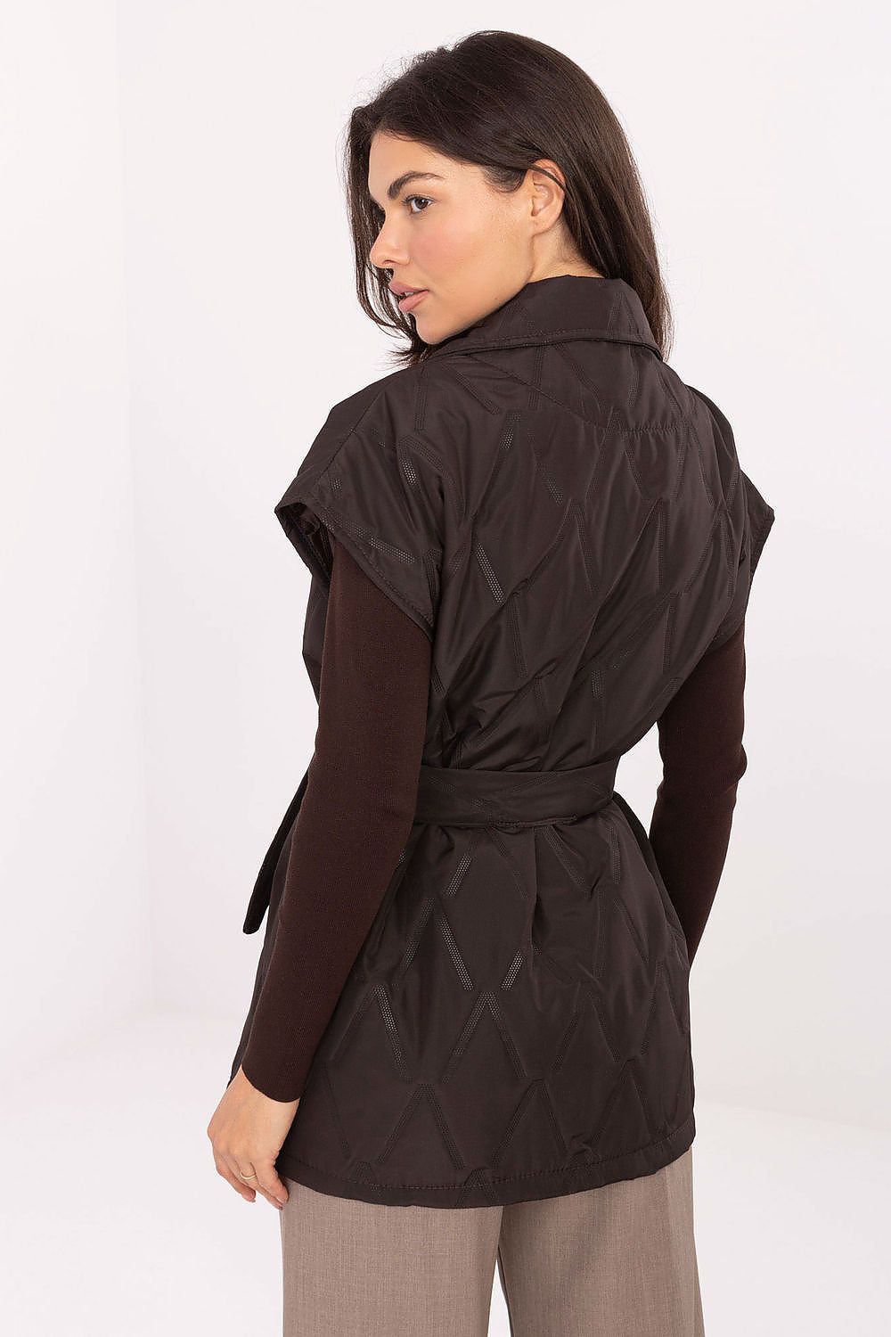 brown belted mini gilet detail view