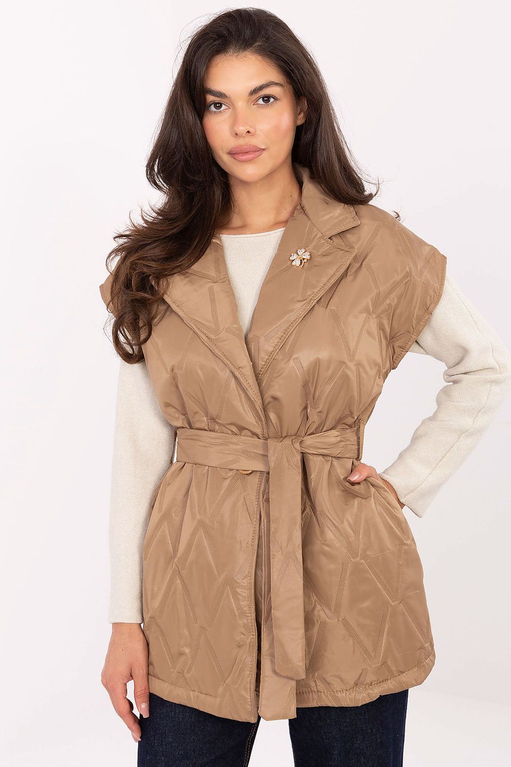brown belted mini gilet back view