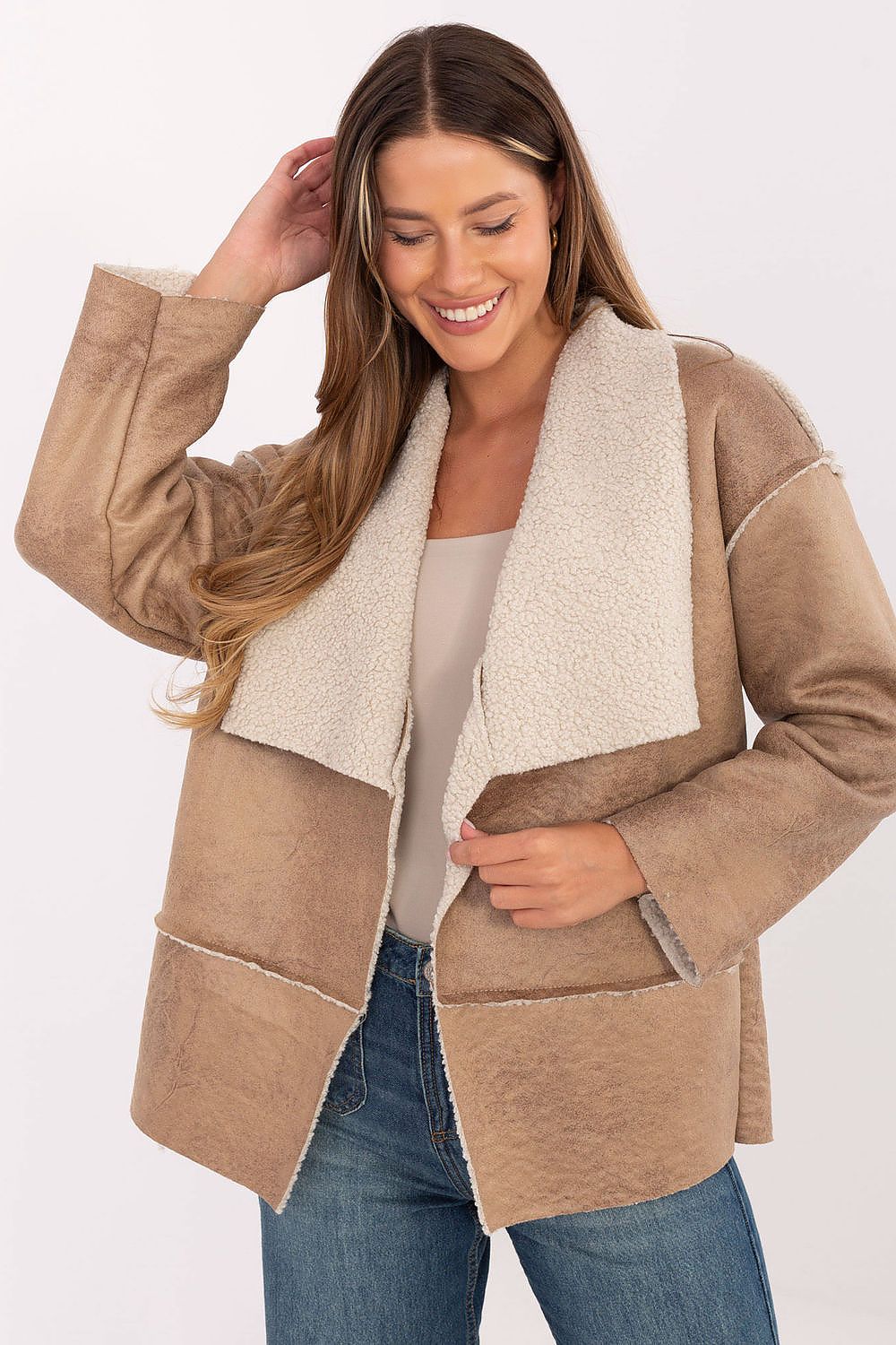 beige long sleeve jacket front view
