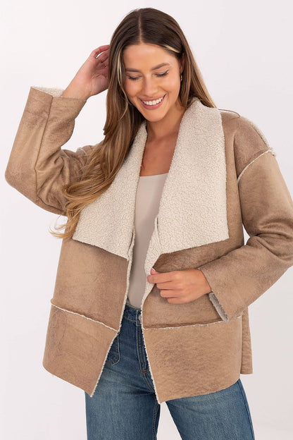 beige long sleeve jacket front view