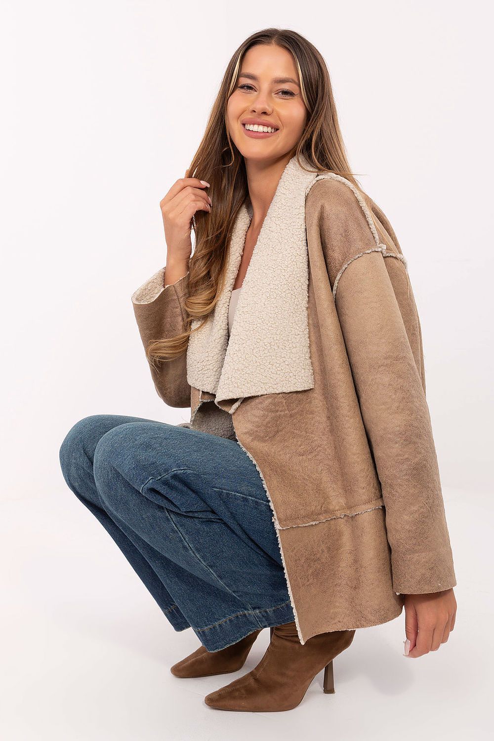 beige long sleeve jacket back view