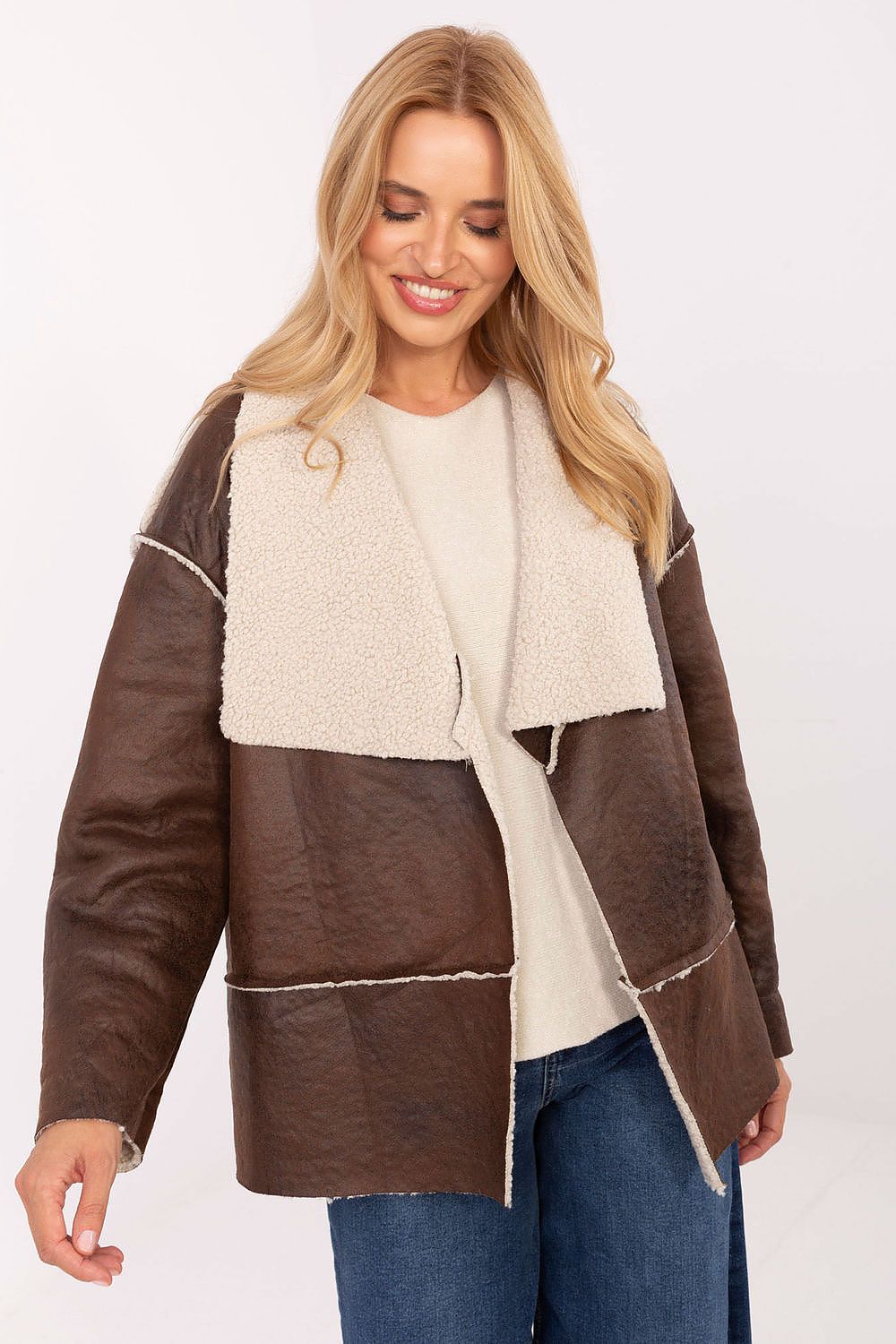 beige long sleeve jacket side view