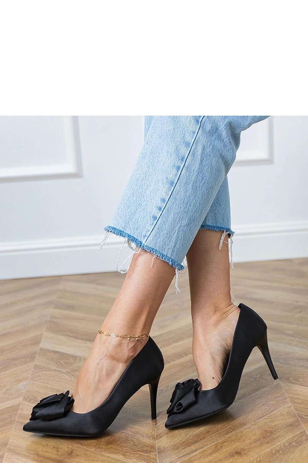 black satin mini high heels front view