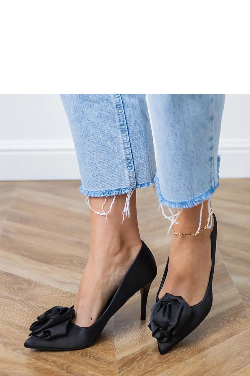 black satin mini high heels detail view