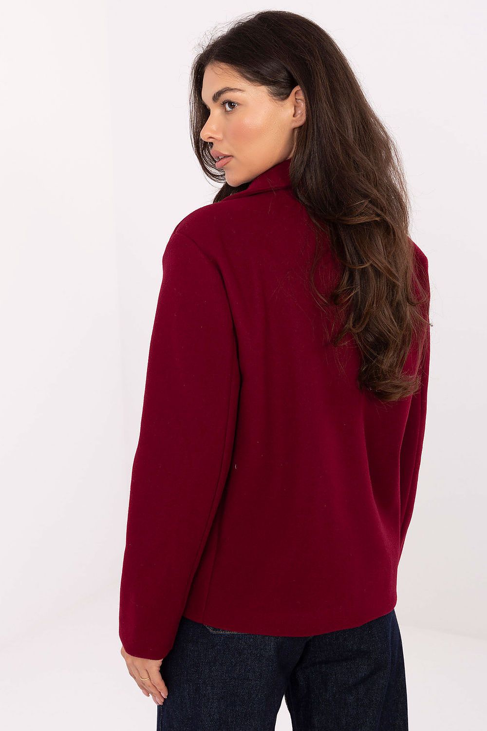 red long sleeve coat detail view