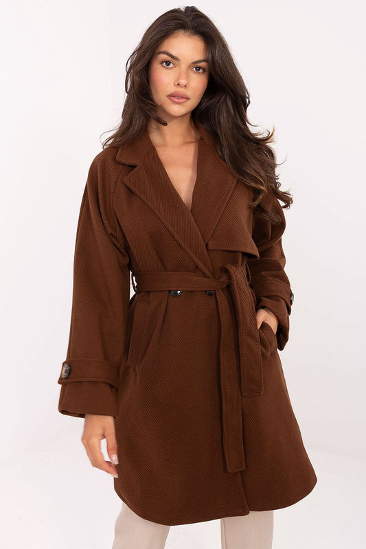 brown long sleeve coat front view
