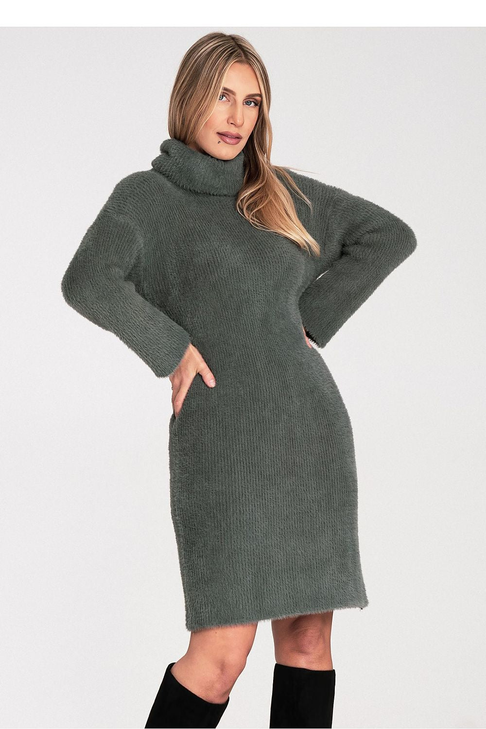 green flared turtleneck vivid green flared turtleneck dress – cozy, elegant, flattering fit front view