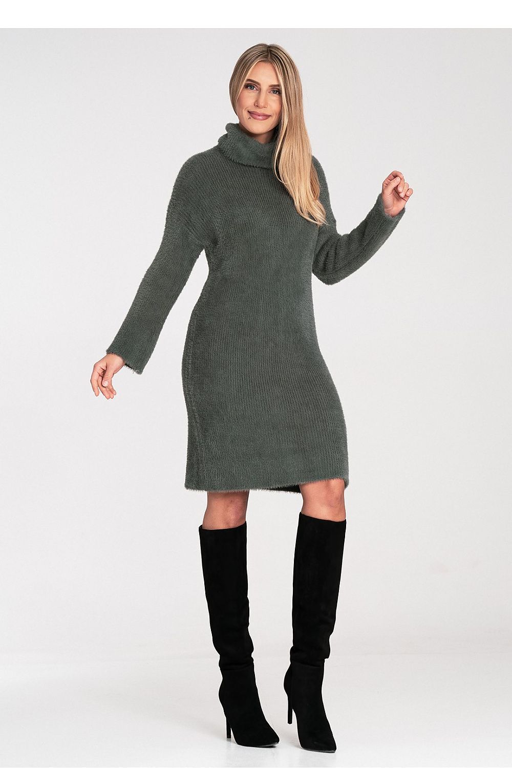 green flared turtleneck vivid green flared turtleneck dress – cozy, elegant, flattering fit alternate angle