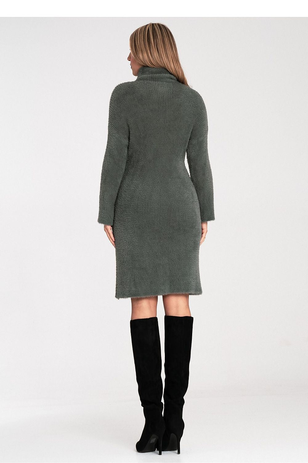 green flared turtleneck vivid green flared turtleneck dress – cozy, elegant, flattering fit detail view