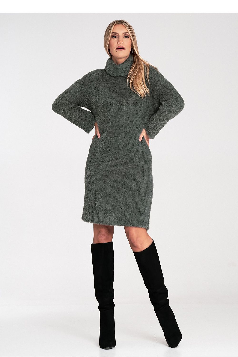 green flared turtleneck vivid green flared turtleneck dress – cozy, elegant, flattering fit back view