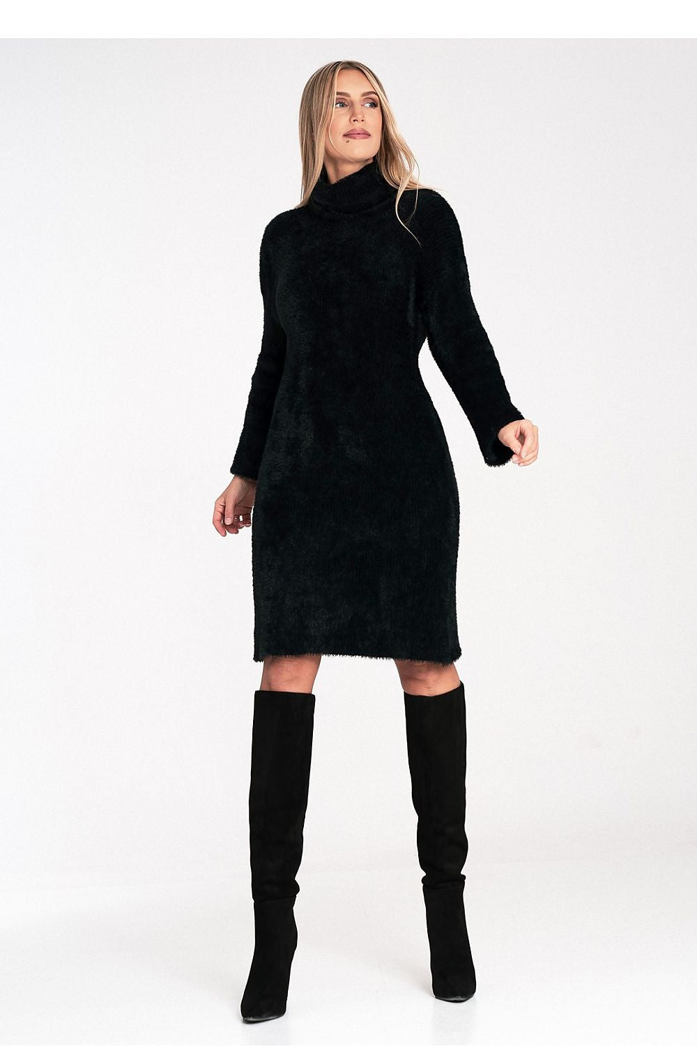 slim fit dress slacks Vivid Green Flared Turtleneck Dress – Cozy & Elegant for