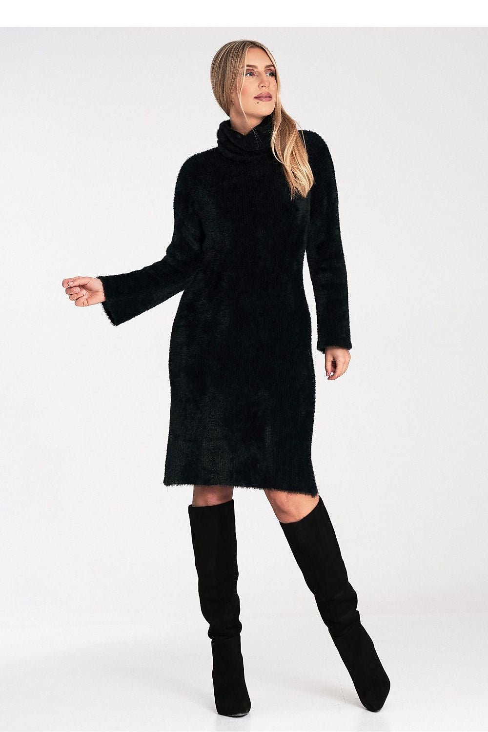green flared turtleneck vivid green flared turtleneck dress – cozy, elegant, flattering fit view 10