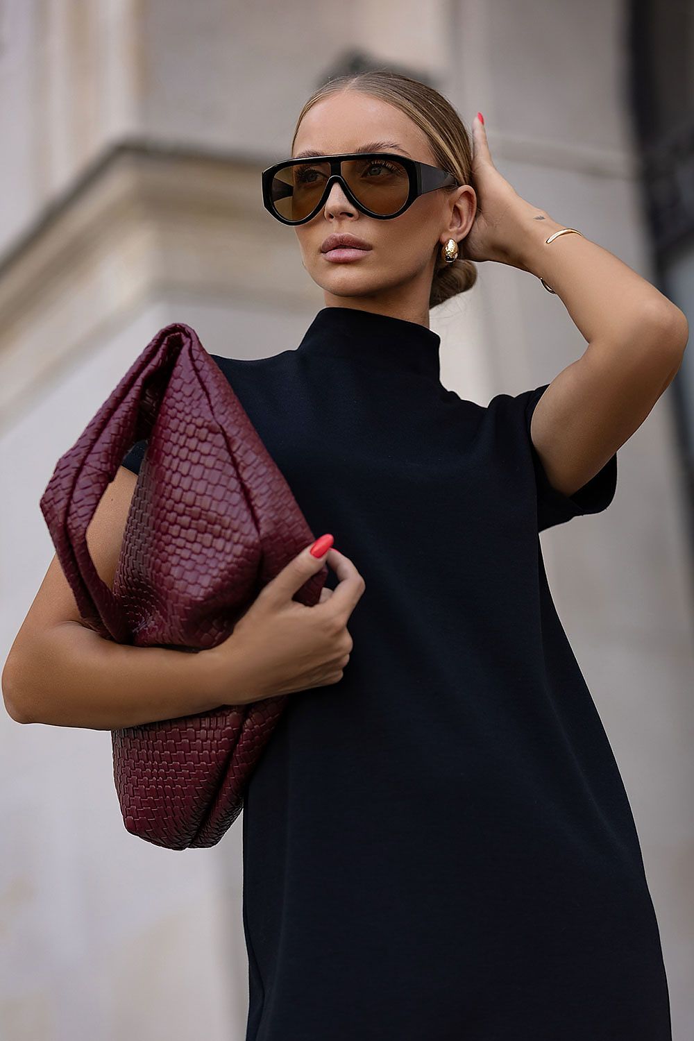 brown short sleeve turtleneck day dress view 9