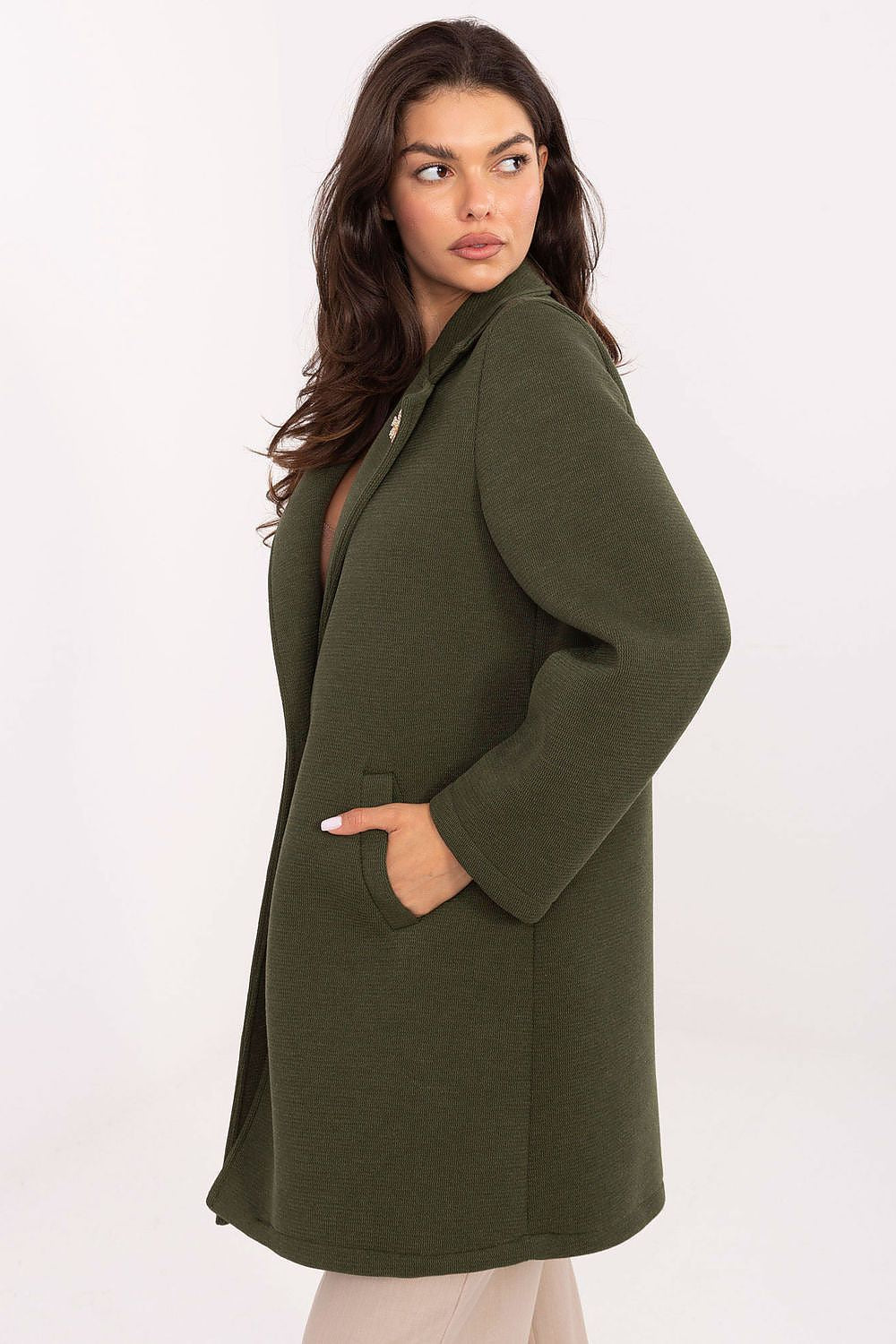 brown long sleeve coat side view