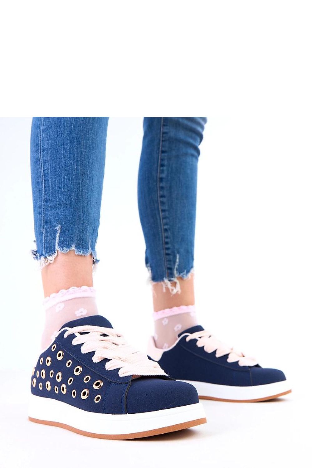 navy blue lace sport shoes front view