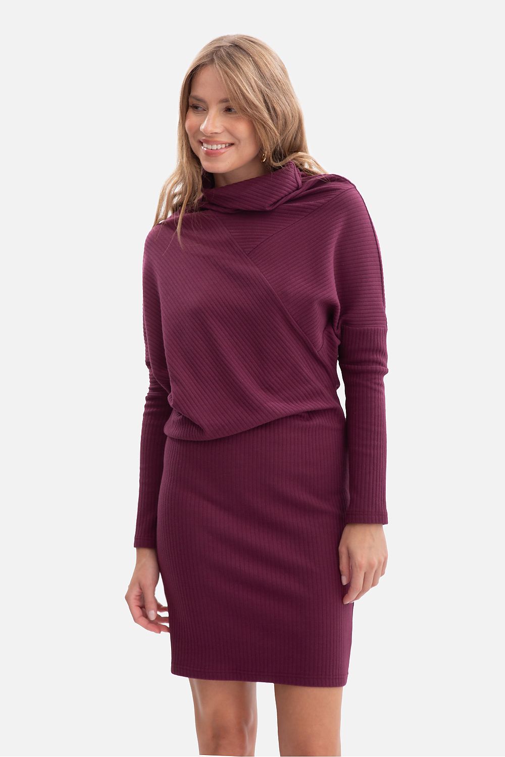 violet wrap ribbed day dress front view