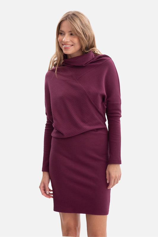 violet wrap ribbed day dress front view