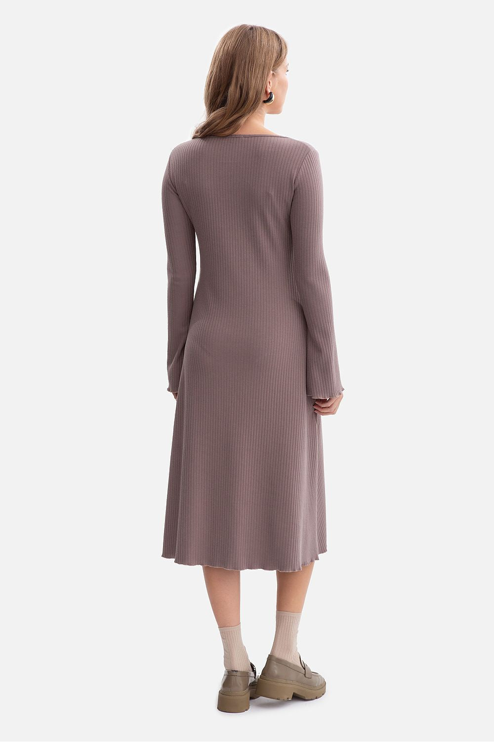 violet ribbed flared day dress side view