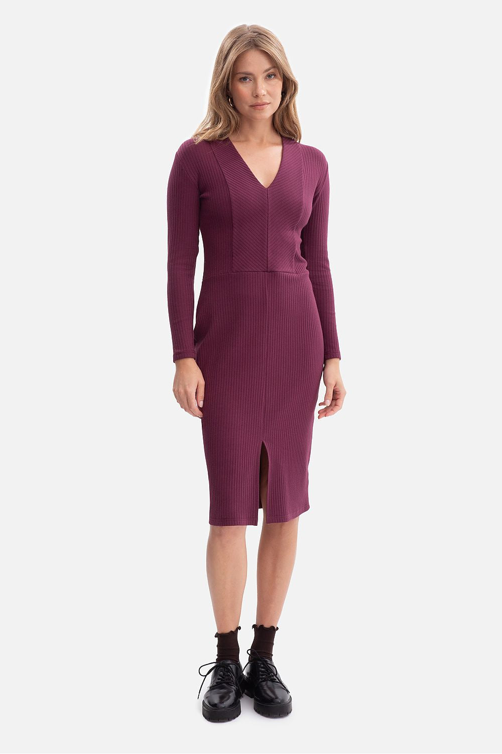 violet ribbed sleeveless day dress front view