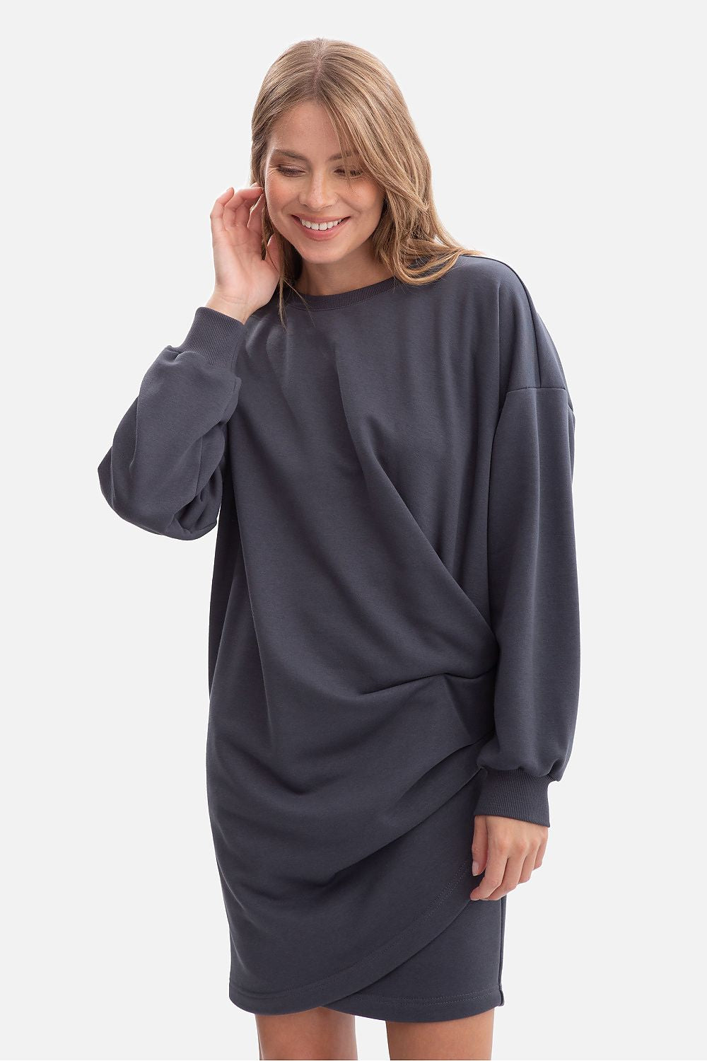 grey long sleeve day dress front view