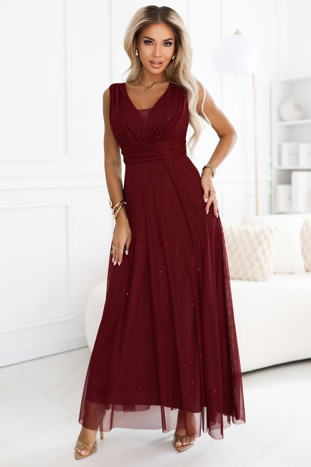 red wrap flared long dress front view
