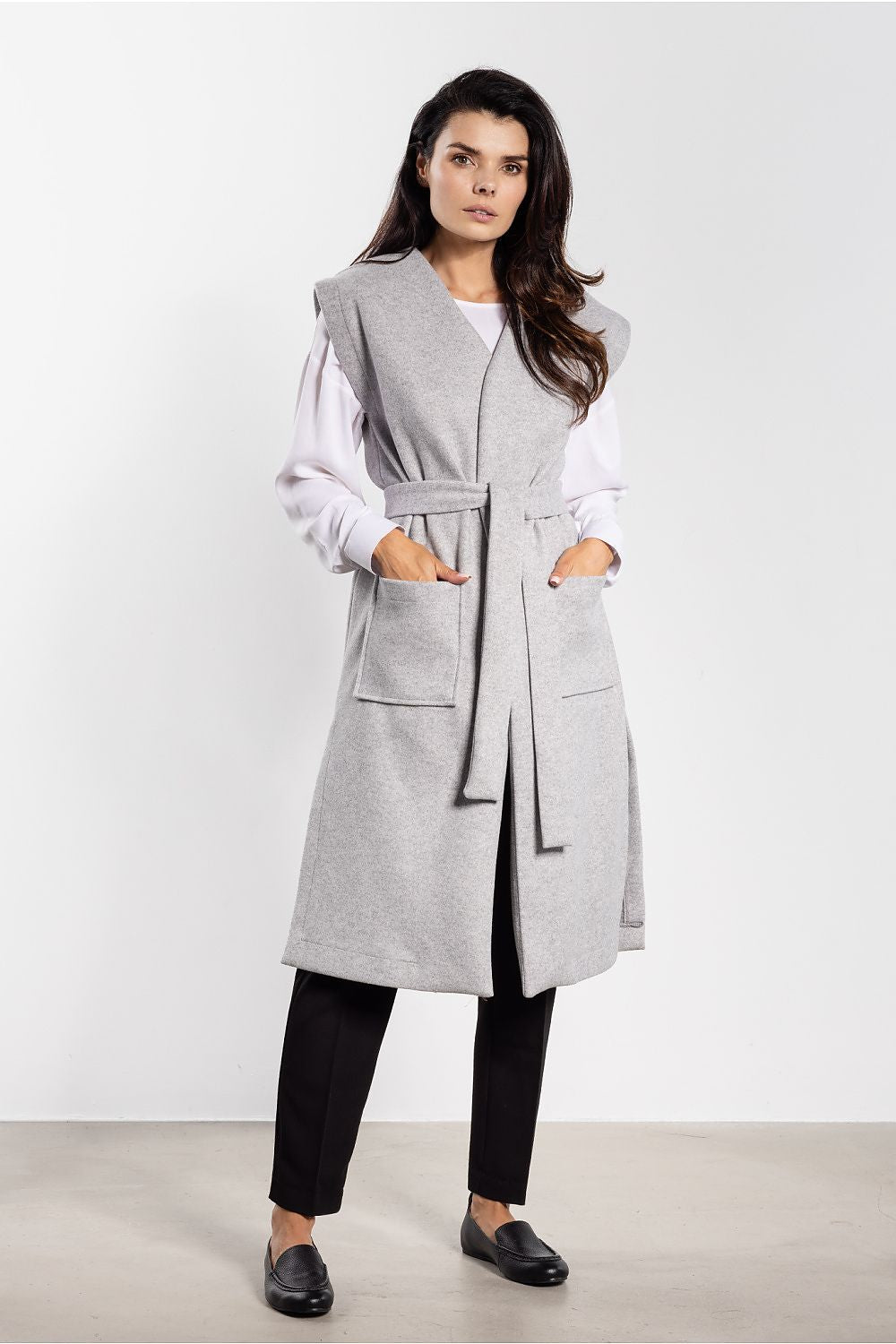 grey belted mini gilet front view