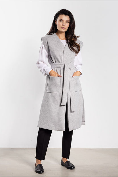 grey belted mini gilet front view