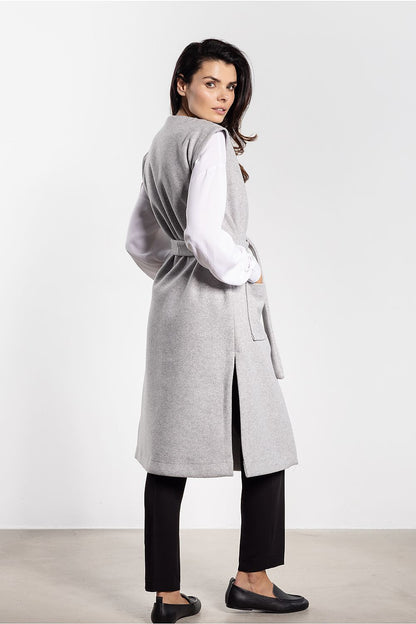 grey belted mini gilet detail view