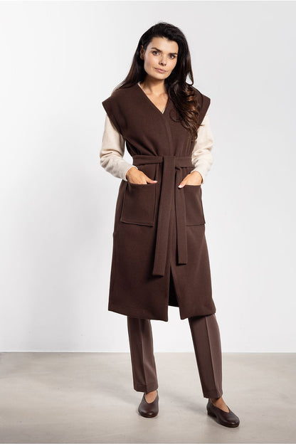 grey belted mini gilet back view