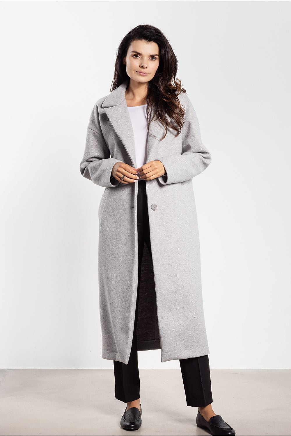 grey belted midi coat front view