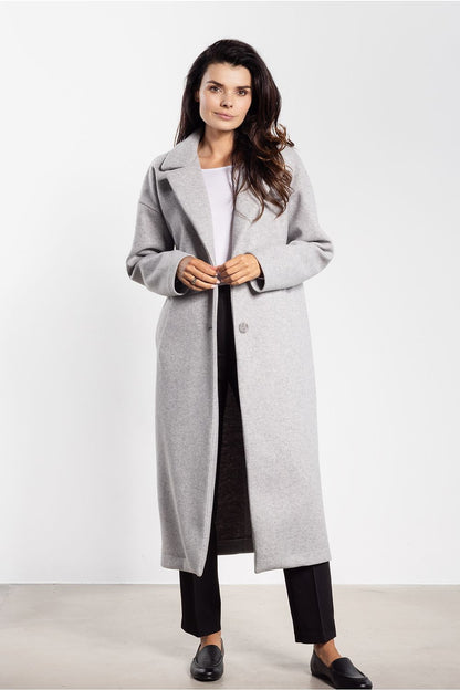 grey belted midi coat front view