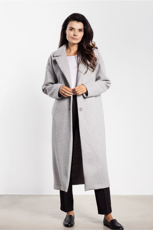 grey belted midi coat front view