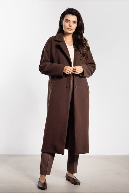 grey belted midi coat detail view