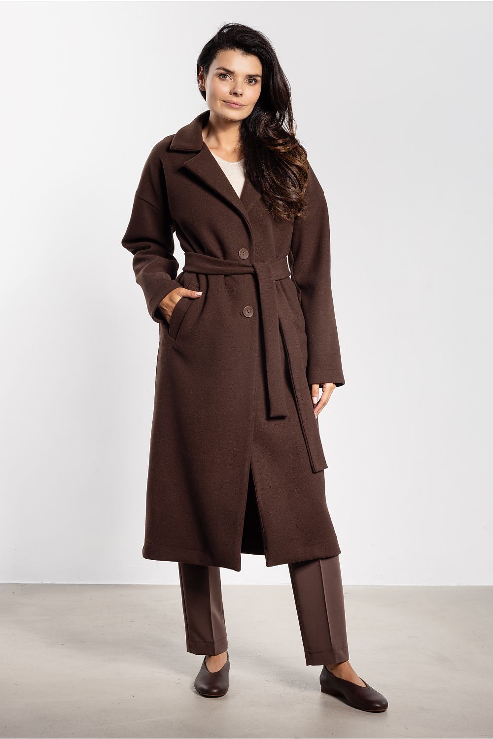 grey belted midi coat back view