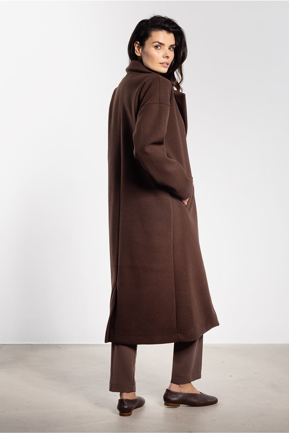 grey belted midi coat side view