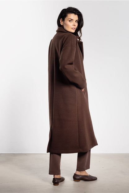 grey belted midi coat side view