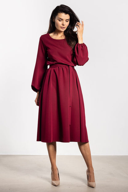 brown belted midi day dress side view