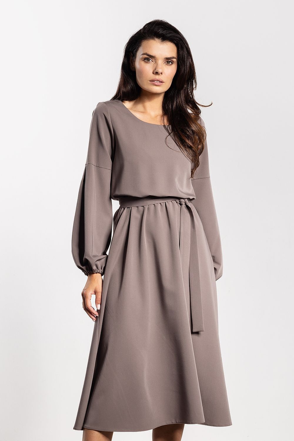 brown belted midi day dress front view