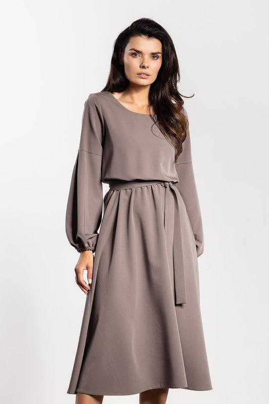 brown belted midi day dress front view