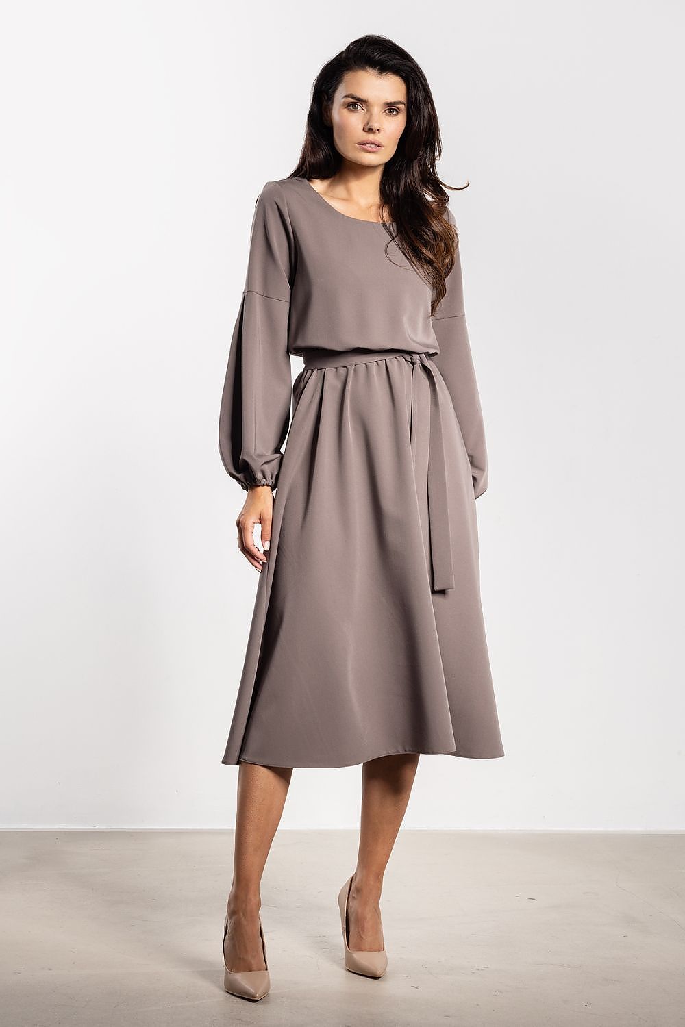 brown belted midi day dress alternate angle